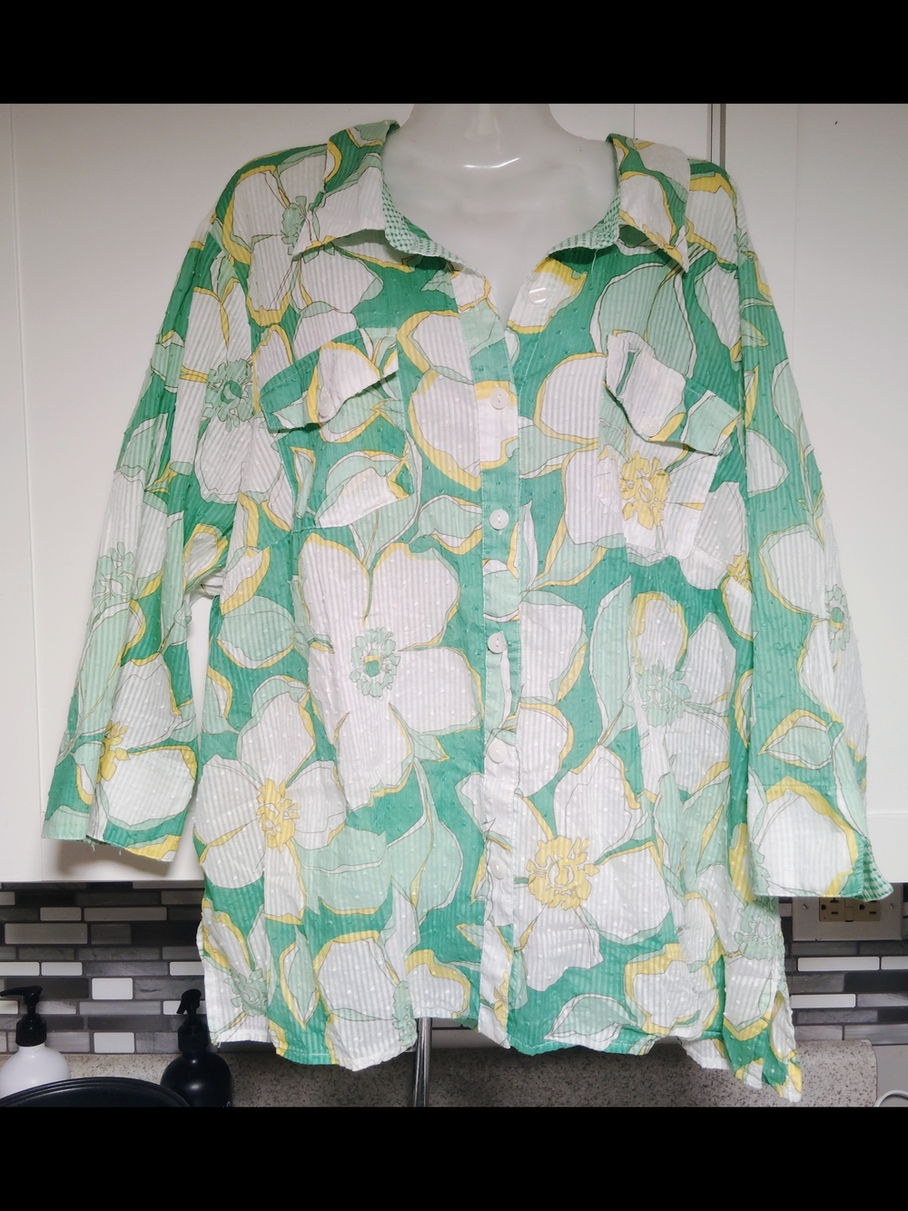 Alfred dunner Green Floral Shirt Semi Sheer Button Down 3/4 Sleeve Sz- 20W